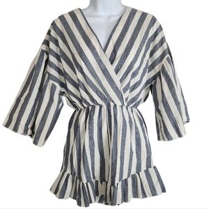 Nasty Gal On Cloud Line Linen Striped Romper Blue White Medium